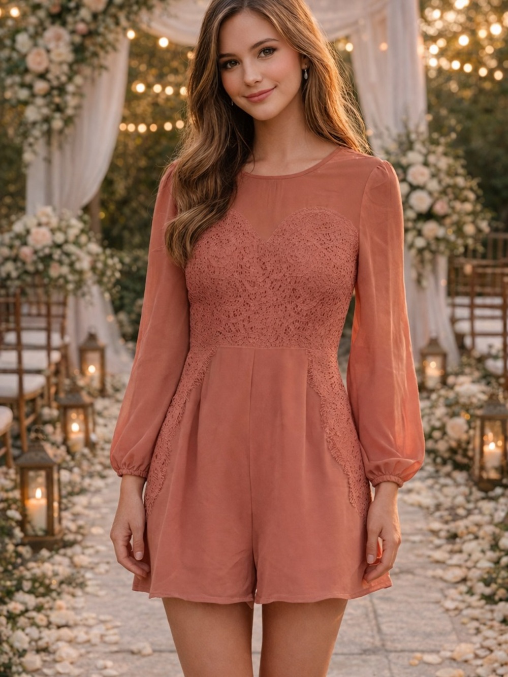 Entro Dusty Rose Lace-Detail Sheer Long Sleeve Romper- L